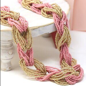 Coral & Beige ✦ Braided Beaded Necklace ✦ 19" Handcrafted Artisan Boho Jewelry